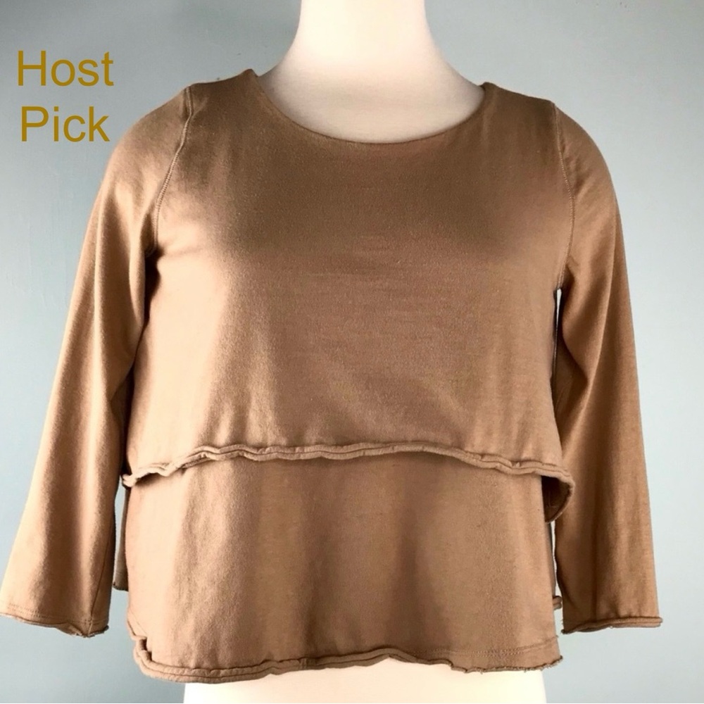Free People Brown Tiered Crop Top Size XS Sweatshirt Raw Edge Vintage Boho Retro